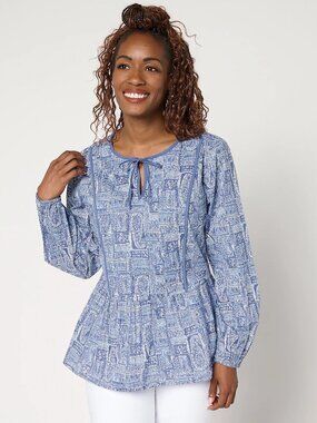 LOGO by Lori Goldstein 100% Cotton Printed Tie Neck Blouse, Sz L a699008